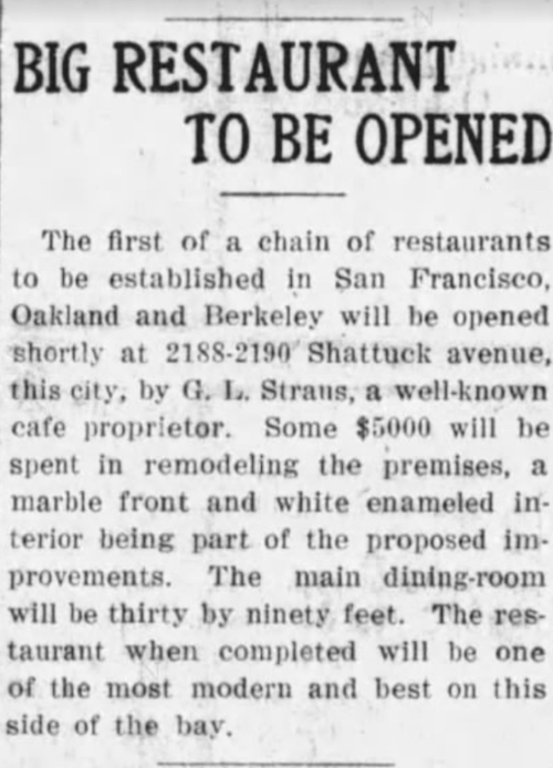 News article about G. L. Straus opening a restaurant