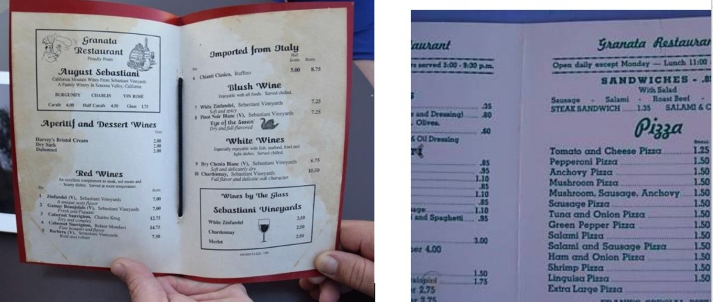 Picture of Granata’s 1988 Wine List and mid-1950s Menu