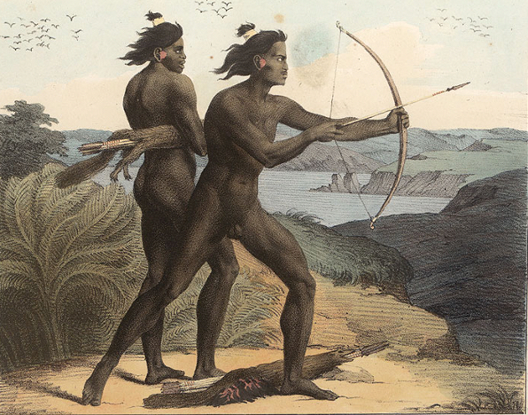 Indigenous hunters, from a painting by Louis Choris, ca. 1820