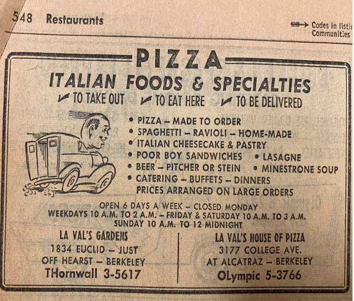 Yellow Pages ad for delivery of  La Val's House of Pizza