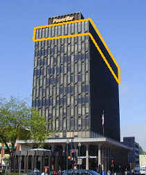 Picture of the “PowerBar” sign on the tall building at Shattuck and Center streets, Berkeley