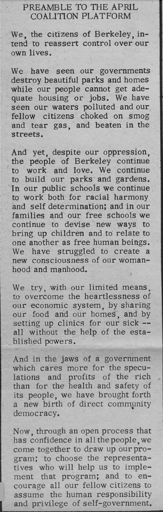 Copy of newspaper article entitled, "Preamble to the April Coalition Platform"