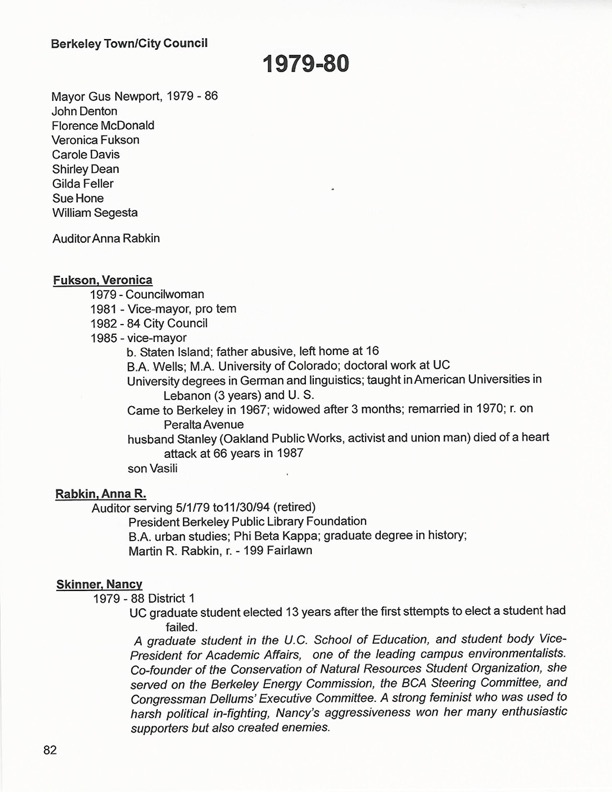 Berkeley City Council document from 1979-80 showing council members 