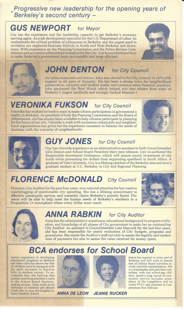 A Berkeley Citizens Action (BCA) campaign flyer showing endorsed candidates