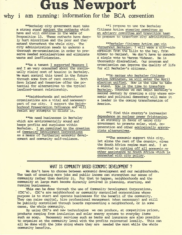 Campaign flyer from Gus Newport