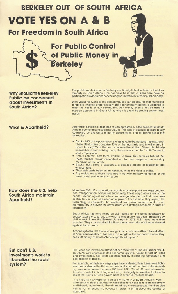 Flyer promoting Berkeley out of South Africa ballot measures